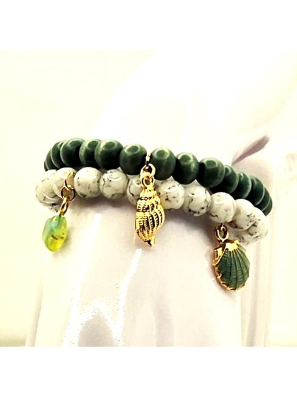 Green Coastal Bracelet Stack, Shell Charm Bracelet Set, Ocean Inspired Jewelry